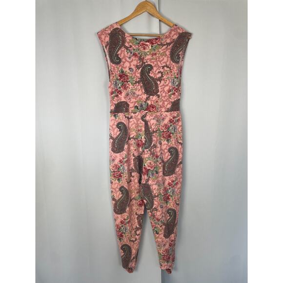 Vintage Jumpsuit Size Medium Large Pink Paisley Lounge Stretch Comfort Retro 90s - Picture 6 of 13